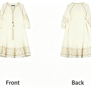 May include: Off-white dress with embroidered details. The dress features a V-neck, three-quarter sleeves, and a decorative pattern along the hem and sleeves. The front and back views are shown.