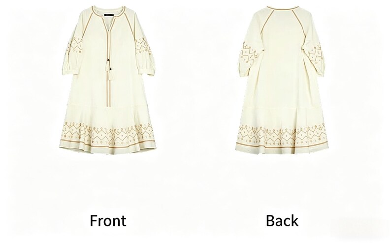 May include: Off-white dress with embroidered details. The dress features a V-neck, three-quarter sleeves, and a decorative pattern along the hem and sleeves. The front and back views are shown.