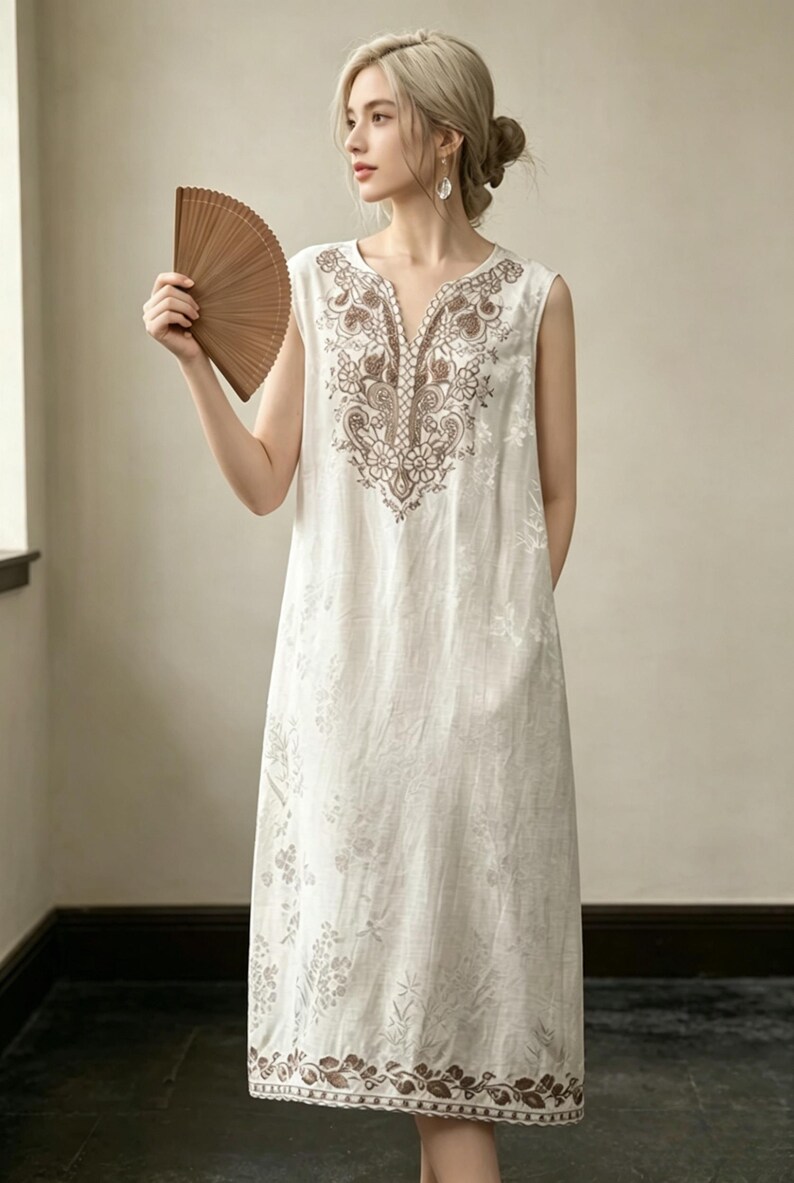 May include: An off-white sleeveless dress with a V-neck and brown embroidery. The dress has a floral pattern and a brown border. A wooden fan is held in the hand. The dress is approximately 130 cm in length.