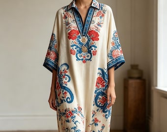 Boho Floral Print Maxi Dress, V-Neck Split Hem Flowy Swing Kaftan