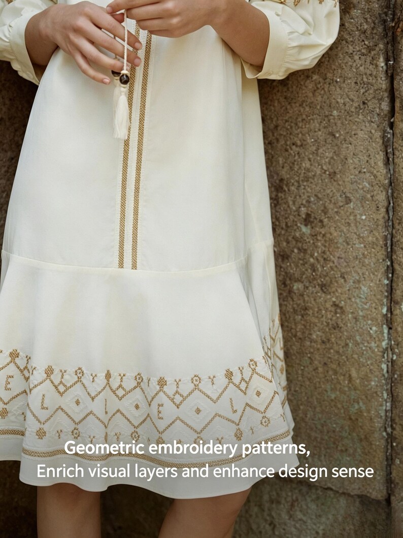 May include: Off-white dress with geometric gold embroidery. The dress features a tiered skirt and long sleeves. The text on the image reads: "Geometric embroidery patterns, Enrich visual layers and enhance design sense."