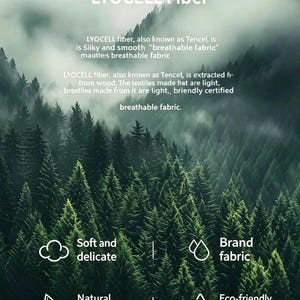 May include: An image showcasing the text "LYOCELL Fiber" over a backdrop of a lush green forest. The text describes the fiber as silky, smooth, and breathable, also known as Tencel. Additional icons highlight the fabric's soft, delicate, brand-name, natural plant fiber, and eco-friendly certifications.