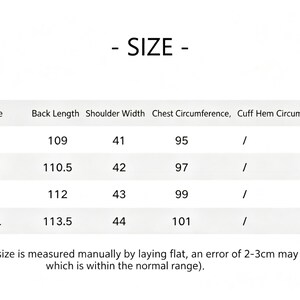 May include: A white graphic with the word "SIZE" and a table detailing garment measurements. The table includes sizes S, M, L, and XL, with corresponding back length, shoulder width, and chest circumference measurements in centimetres.