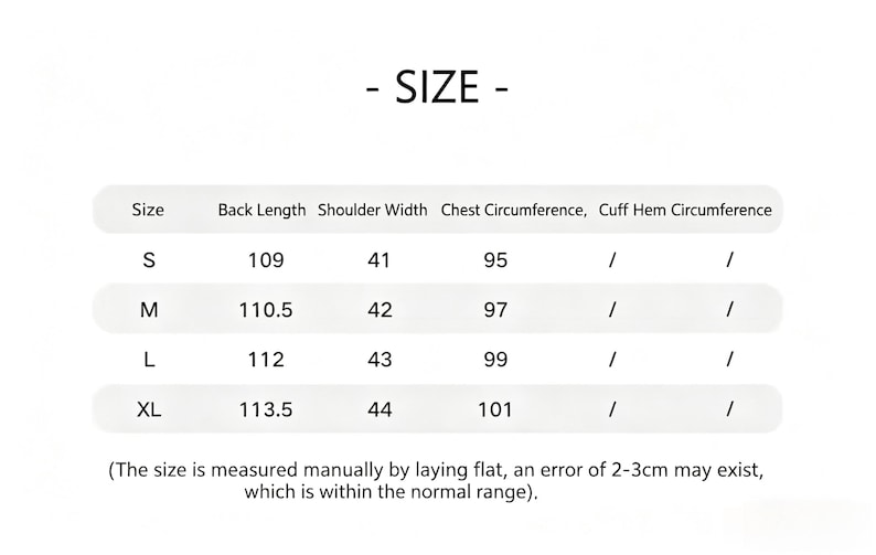May include: A white graphic with the word "SIZE" and a table detailing garment measurements. The table includes sizes S, M, L, and XL, with corresponding back length, shoulder width, and chest circumference measurements in centimetres.