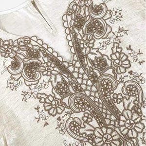 May include: Close-up of a light-coloured top with a V-neckline. The neckline and upper chest area are adorned with intricate brown floral lace embroidery. The fabric has a subtle textured appearance.