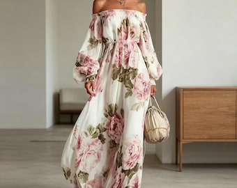 Floral Print Off-Shoulder Maxi Dress, Lantern Sleeve Boho Beach Sundress