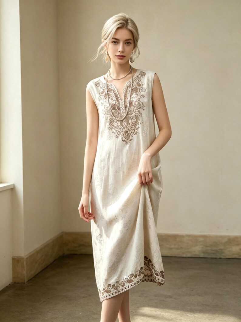 May include: An off-white sleeveless dress featuring detailed brown embroidery on the neckline and hem. The dress has a loose fit and a delicate floral design. The model is wearing a necklace and earrings.