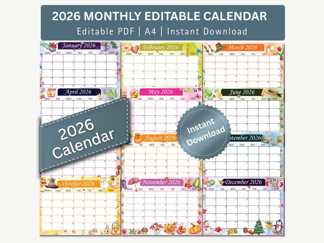 2026 Fillable Calendar Printable | Editable PDF | A4 Monthly Planner