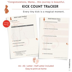 Puede incluir: Un rastreador de conteo de patadas imprimible con el texto "Kick Count Tracker" y "Every tiny kick is a magical moment." Incluye un registro diario de patadas y notas de patrones de patadas. Fácil de imprimir en casa.