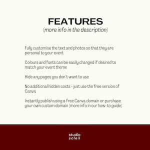 May include: A digital information graphic with a cream background and dark red footer. The text reads: FEATURES (more info in the description). Fully customise the text and photos, change colours and fonts, hide pages, use free Canva, and publish.