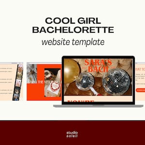 Puede incluir: Un portátil muestra una plantilla de sitio web con el texto "COOL GIRL BACHELORETTE" y "website template". El sitio web presenta imágenes de una despedida de soltera, incluyendo bolas de discoteca y un globo dorado.