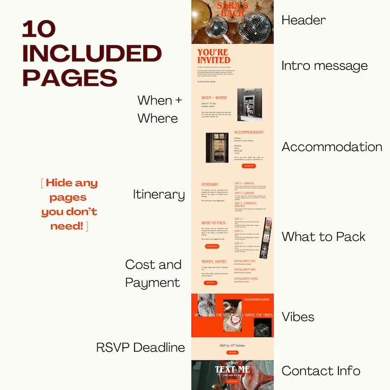 May include: A digital invitation template featuring 10 included pages with sections for header, intro message, when and where, accommodation, itinerary, what to pack, cost and payment, vibes, RSVP deadline, and contact info, displayed in a vertical layout.