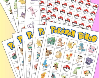 Pokémon Bingo Spiel für Parties: 50 Legetafeln, 48 Visitenkarten, Bingo Chips