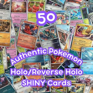 May include: A collection of 50 authentic Pokemon Holo/Reverse Holo SHINY cards. The cards feature various Pokemon characters and are displayed in a scattered arrangement. The image includes text that reads "Authentic Pokemon Holo/Reverse Holo SHINY Cards".