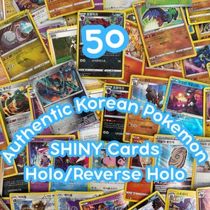 May include: A collection of 50 authentic Korean Pokemon SHINY cards, including Holo and Reverse Holo cards. The cards are in various colors, with text in Korean and English. The image features a variety of Pokemon characters.