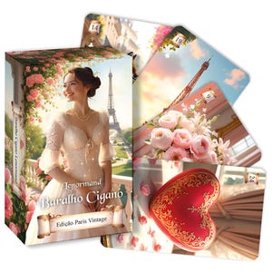May include: A deck of tarot cards titled "Lenormand Baralho Cigano Edição Paris Vintage" featuring illustrations of Paris. The box shows a woman in a white dress with the Eiffel Tower in the background. Several cards are fanned out, showing the Eiffel Tower, flowers, and a heart-shaped box.