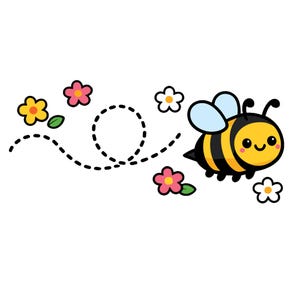 Könnte beinhalten: Cartoon-Illustration einer glücklichen Biene mit schwarz-gelben Streifen, blauen Flügeln und einem lächelnden Gesicht. Die Biene fliegt in der Nähe von rosa, gelben und weißen Blumen, mit einer gepunkteten Flugbahn.
