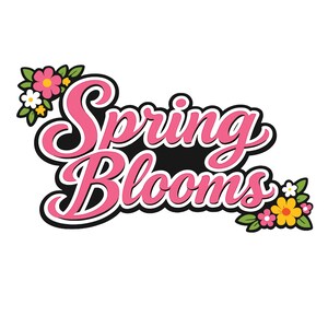 May include: A graphic featuring the text "Spring Blooms" in pink script with a black outline, set against a black background. The design is decorated with floral accents in pink, yellow, and white, with green leaves, on a white background.