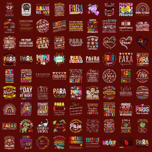 May include: A collection of graphic designs featuring various slogans and illustrations related to paraprofessionals, including text like 'Para Life', 'Para Squad', and 'Super Para' in diverse fonts, colors, and styles arranged on a dark red background.