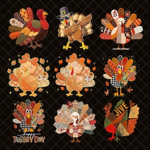 May include: A collection of nine colorful turkey illustrations with patchwork-style feathers. Some turkeys wear sunglasses or bows, and one has the text "JIVE". The phrase "happy TURKEY DAY" is also present.