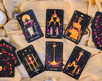 Dark Celestial Tarot Deck with Guidebook, Starborn Tarot 78 Cards, Moon Magic & Shadow Work Divination Set, Glossy Mystic Galaxy Gift