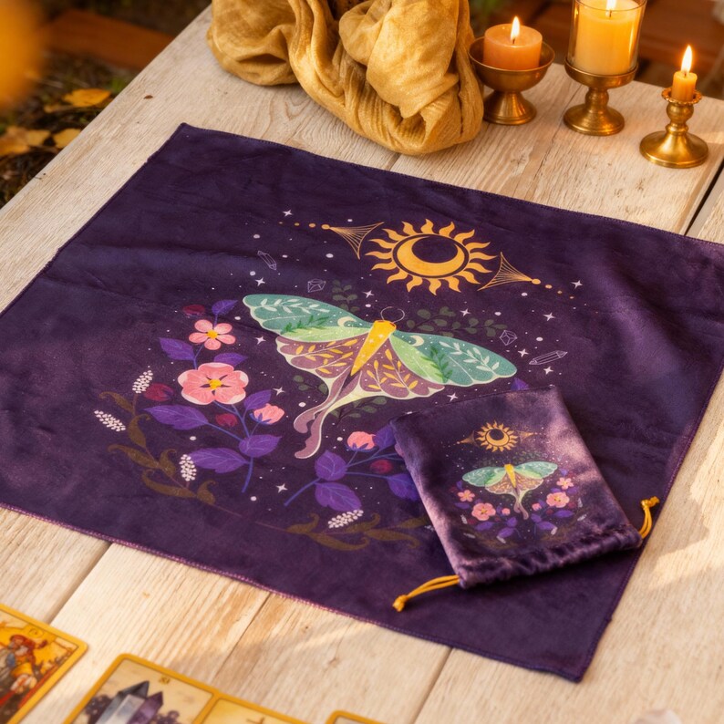 May include: A purple velvet tarot cloth and matching pouch featuring a moth, flowers, and celestial designs. The moth has green and gold wings. The sun and moon are also depicted. The cloth and pouch are on a wooden table with candles.
