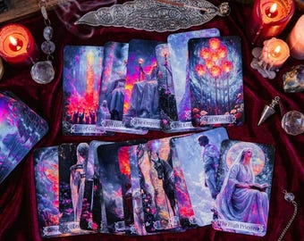 May include: A collection of tarot cards spread across a dark red velvet surface, featuring vibrant illustrations of figures and symbols. The cards include titles like 10 of Cups, The Hierophant, The Emperor, 8 of Wands, and The High Priestess.