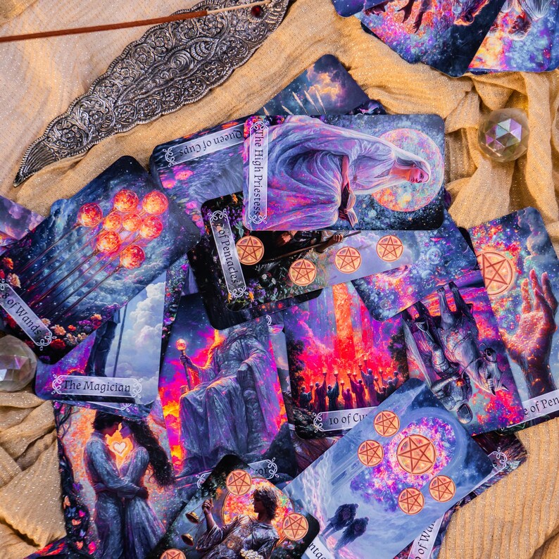 May include: A collection of tarot cards with vibrant illustrations, featuring images of figures, celestial bodies, and symbols. The cards are arranged on a textured, golden-colored surface, with an incense holder and crystals.