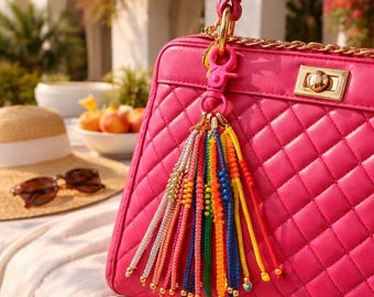 Rainbow Beaded Tassel Bag Charm Keychain, Backpack Charm, Colorful Keyring