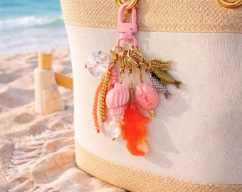 Natural Stone Beach Bag Charm with Fish and Shell Accents