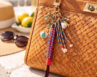 Mediterranean Fish Bag Charm Keychain, Blue White Beaded Tassel Purse Charm, Coastal Boho Bag Accessory, Handmade