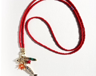 Red Beaded Charm Necklace with Gold fish and Turquoise