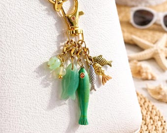 Fish Bag Charm | Green and Gold Fish Keychain | Handmade Purse Accessory
