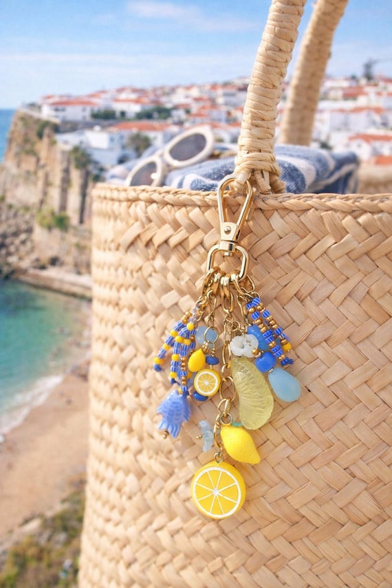 Lemon Bag Charm, Citrus Keychain, Summer Purse Charm, Beaded Tassel, Gift for her