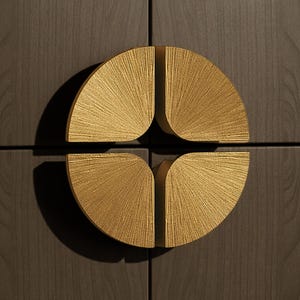 May include: Close-up of a gold-colored cabinet handle with a textured, fan-like design. The handle is composed of four semi-circular pieces that meet in the center, creating a circular shape. The handle is mounted on a dark brown wooden cabinet.