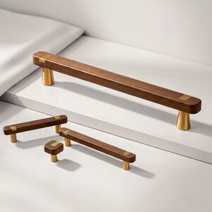 Walnut Wood Drawer Pulls 133 mm with Antique Brass Accent  – Minimal Japandi Kitchen