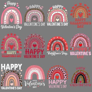 May include: A selection of Valentine's Day designs with rainbow motifs. Each design incorporates the text "Happy Valentine's Day" in diverse fonts and colours, with heart and leopard print details. The colour scheme features pink, red, and neutral shades.