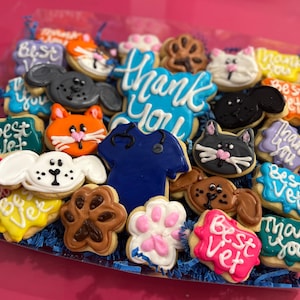 May include: A collection of decorated sugar cookies in a clear plastic container. The cookies feature various animal designs, including cats, dogs, and paw prints. Some cookies have the words "Thank You" and "Best Vet" written on them.