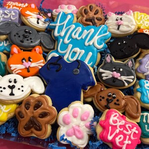 May include: Assortment of decorated sugar cookies in various shapes and colors, including paw prints, animals, and messages like "Thank You" and "Best Vet".