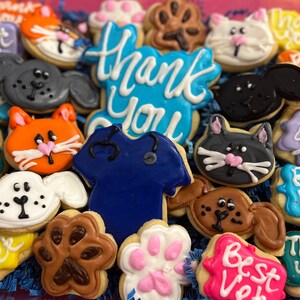 May include: Assortment of decorated sugar cookies with various designs, including paw prints, animals, and the words "Thank You", "Best Vet", and "Best Vet".