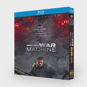 May include: A Blu-ray disc case for the film "War Machine" starring Alan Ritchson. The cover displays a war-themed design with the title in silver lettering and a distressed image of a soldier, with the Blu-ray logo at the top.