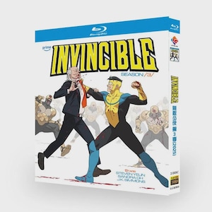 May include: A Blu-ray disc case for the animated series "Invincible: Season 3." The cover art features a dynamic action scene with two characters in a fight, set against a background of other figures. The title is in yellow and black.