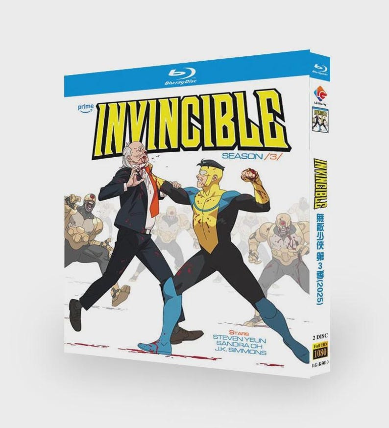 May include: A Blu-ray disc case for the animated series "Invincible: Season 3." The cover art features a dynamic action scene with two characters in a fight, set against a background of other figures. The title is in yellow and black.