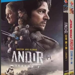 May include: Blu-ray box set for Star Wars: Andor Season 2. The cover features a collage of characters, with the title "ANDOR" prominently displayed. The box is blue and includes the Blu-ray Disc logo.