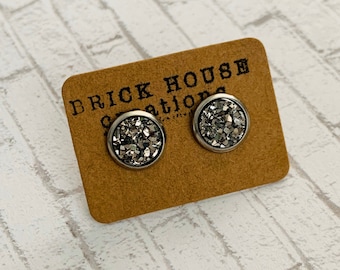 8mm Dark Silver Druzy Earrings, Stainless Setting, Gunmetal Druzy