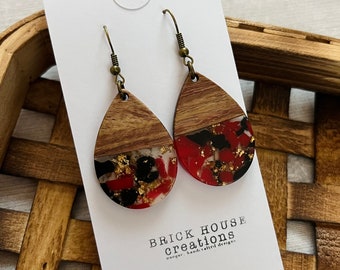 Red Black Gold Confetti Resin + Wooden Earrings, Wood Resin