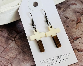 Cross Off White Resin + Wooden dangle Earrings, Cream wood resin, white wood resin