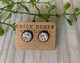 Silver Druzy Earrings, 8mm Bronze Setting