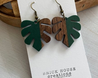 Emerald Monstera Leaf Resin + Wooden Earrings, green, Wood Resin