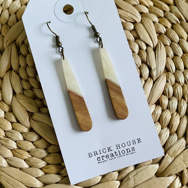 Cream Skinny Resin + Wooden Earrings, off white, Wood Resin